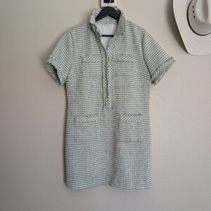 Tweed Mini Dress Zipper Front Popped Collar Light Spring Green White Like New